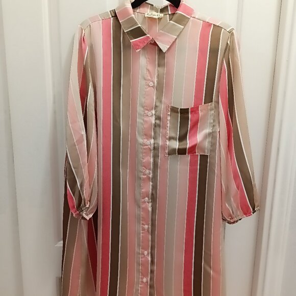 Long-Sleeved, Striped, Button-Down Tunic-Style Top. Plus Size 2XL - Picture 1 of 5